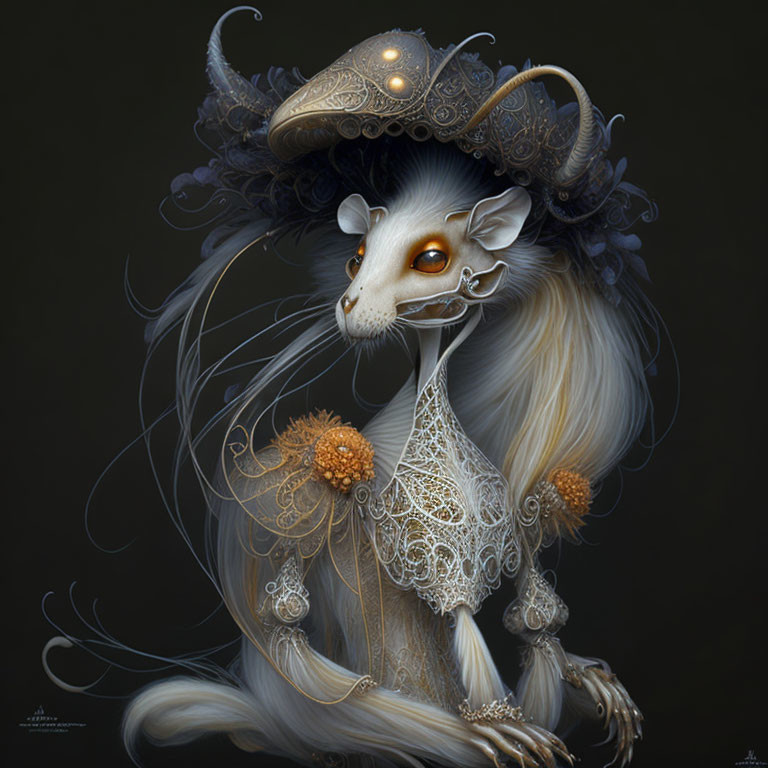 Ethereal white creature with ram horns in ornate headdress on dark background