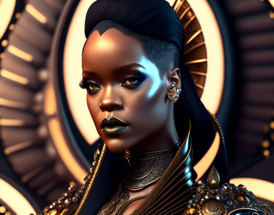 Digital artwork featuring woman with blue eyeshadow, black lipstick, and gold neck attire on gear backdrop