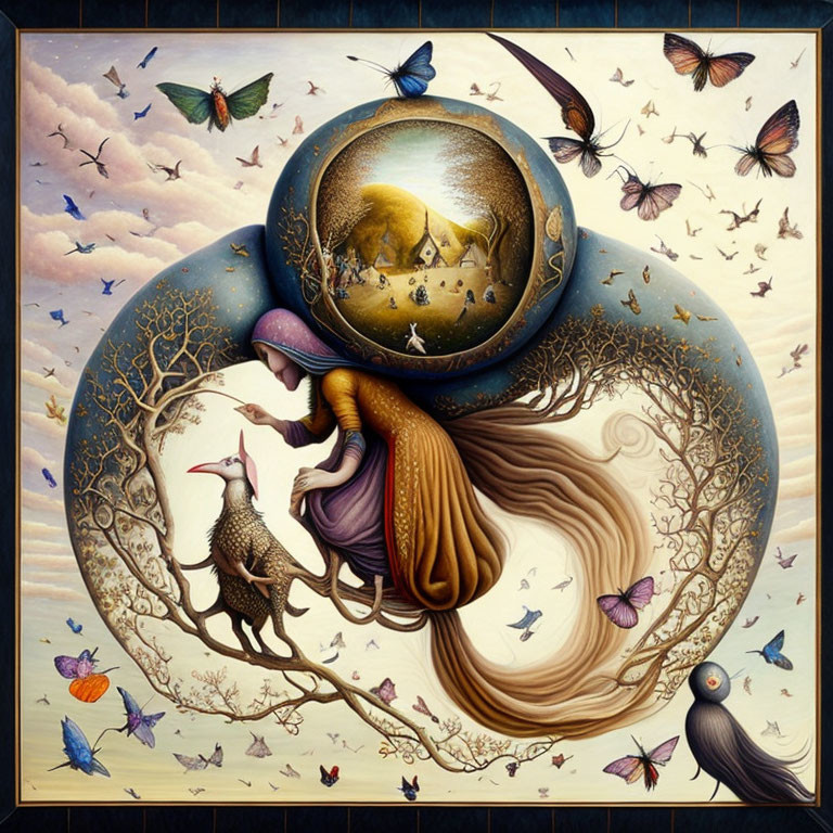 Surreal cosmic orb with landscape, birds, butterflies, and anthropomorphic trees.