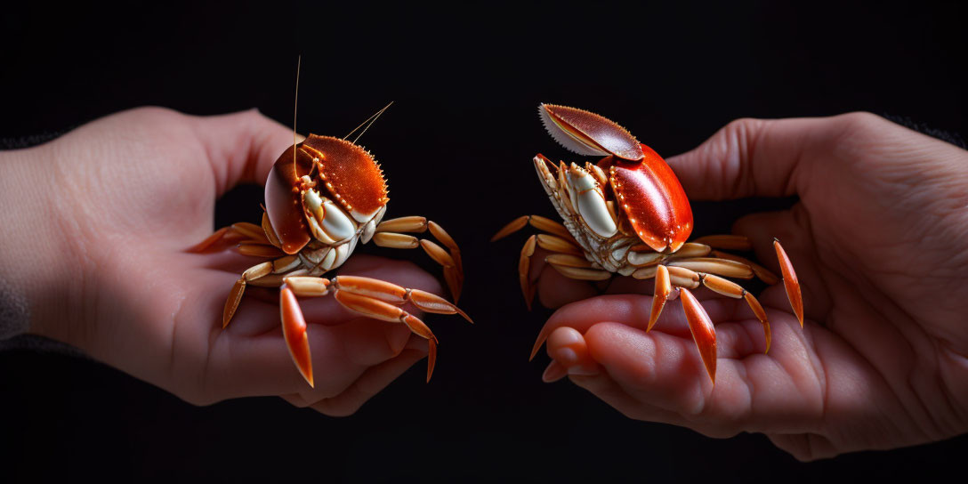 Colorful Sally Lightfoot Crabs Held by Two Hands on Dark Background