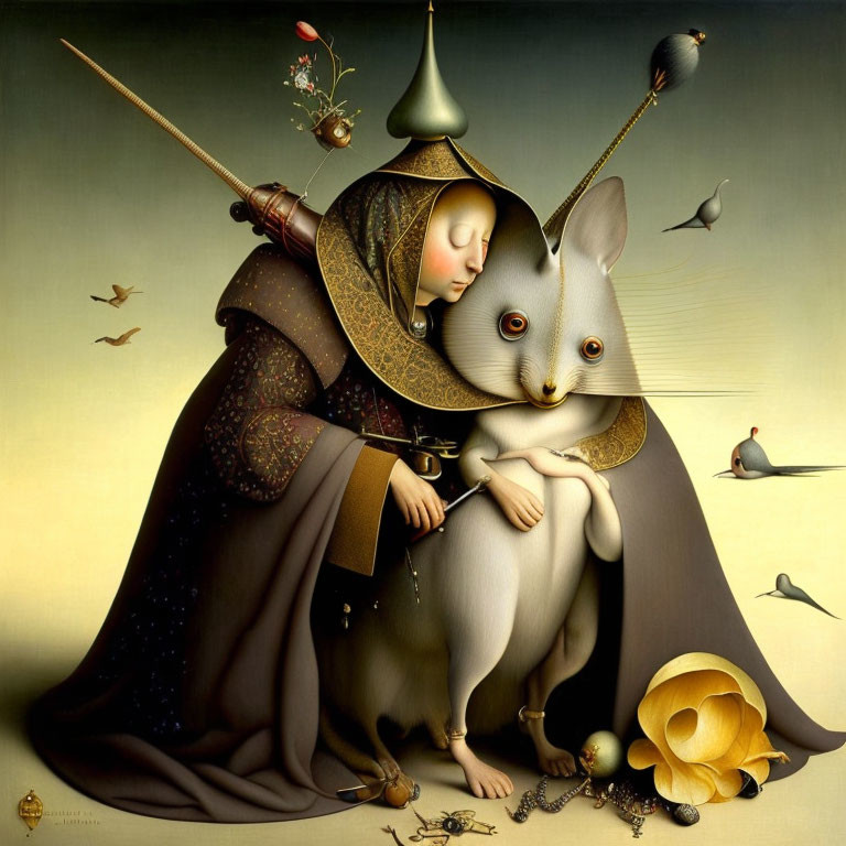 Surreal painting featuring person with conical hat embracing giant gray mouse