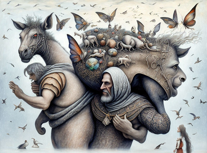 Surreal artwork: centaur, human figures, creatures, mechanical elements, butterflies on muted backdrop