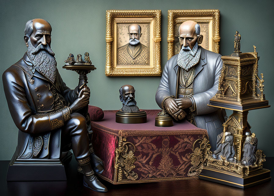 Vintage Chess Scene with 19th-century Gentlemen and Busts