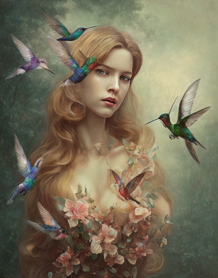 Woman with Long Wavy Hair Surrounded by Hummingbirds in Forest Scene