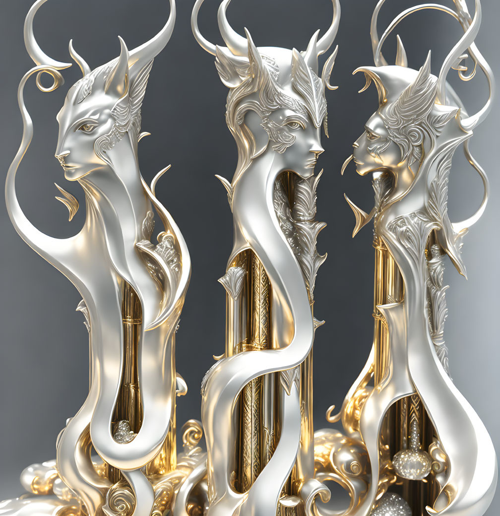 Metallic humanoid figures with elongated necks and antler-like horns in gold and silver.