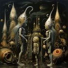 Surreal artwork featuring pale figures, golden machinery, and floating fish