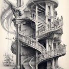 Detailed Monochromatic Illustration of Ornate Surreal Building