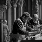 Elderly Men Crafting Wood in Classical Workshop