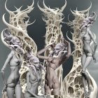 Symmetrical white dragon sculptures with intricate designs on gray background