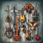 Whimsical art piece with violin, flora, fauna, and fantasy figures in dreamlike scene