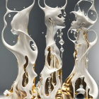 Metallic humanoid figures with elongated necks and antler-like horns in gold and silver.