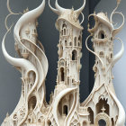 Surreal architecture with bone-like towers and ornamental details