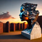 Surreal digital artwork: Fragmented woman's face in desert landscape