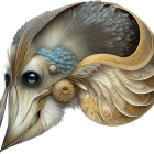 Fantastical bird-like creature with golden filigree patterns