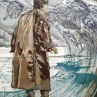 Person in tattered beige coat standing in shallow, turbulent water