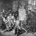 Monochrome illustration of medieval fantasy characters in cluttered workshop