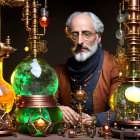 Elderly man with beard and glasses in steampunk scene with brass devices and green glass orbs