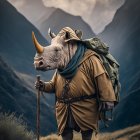 Young adventurers in early 20th-century attire admire mountain landscape