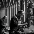 Elderly Men Crafting in Period Clothing in Gothic Cloister