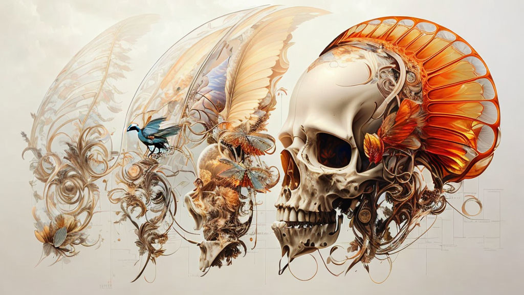 Surreal artwork: human skull with wing-like structures and vibrant bird.