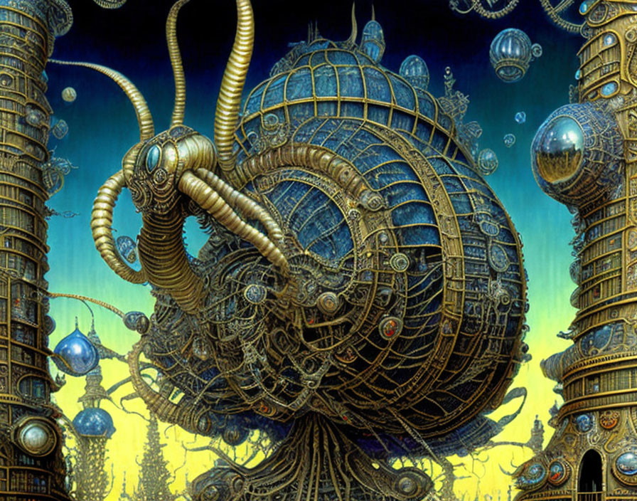 Surreal Steampunk Artwork with Mechanical Structures on Marine-Blue Background