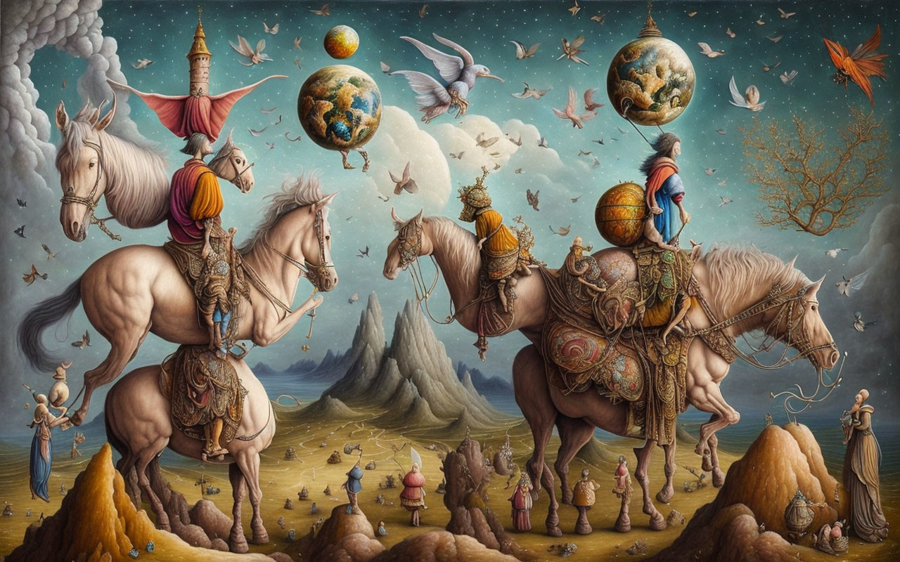 Surreal Painting: Knights, Celestial Orbs, Miniature Figures & Whimsical Elements