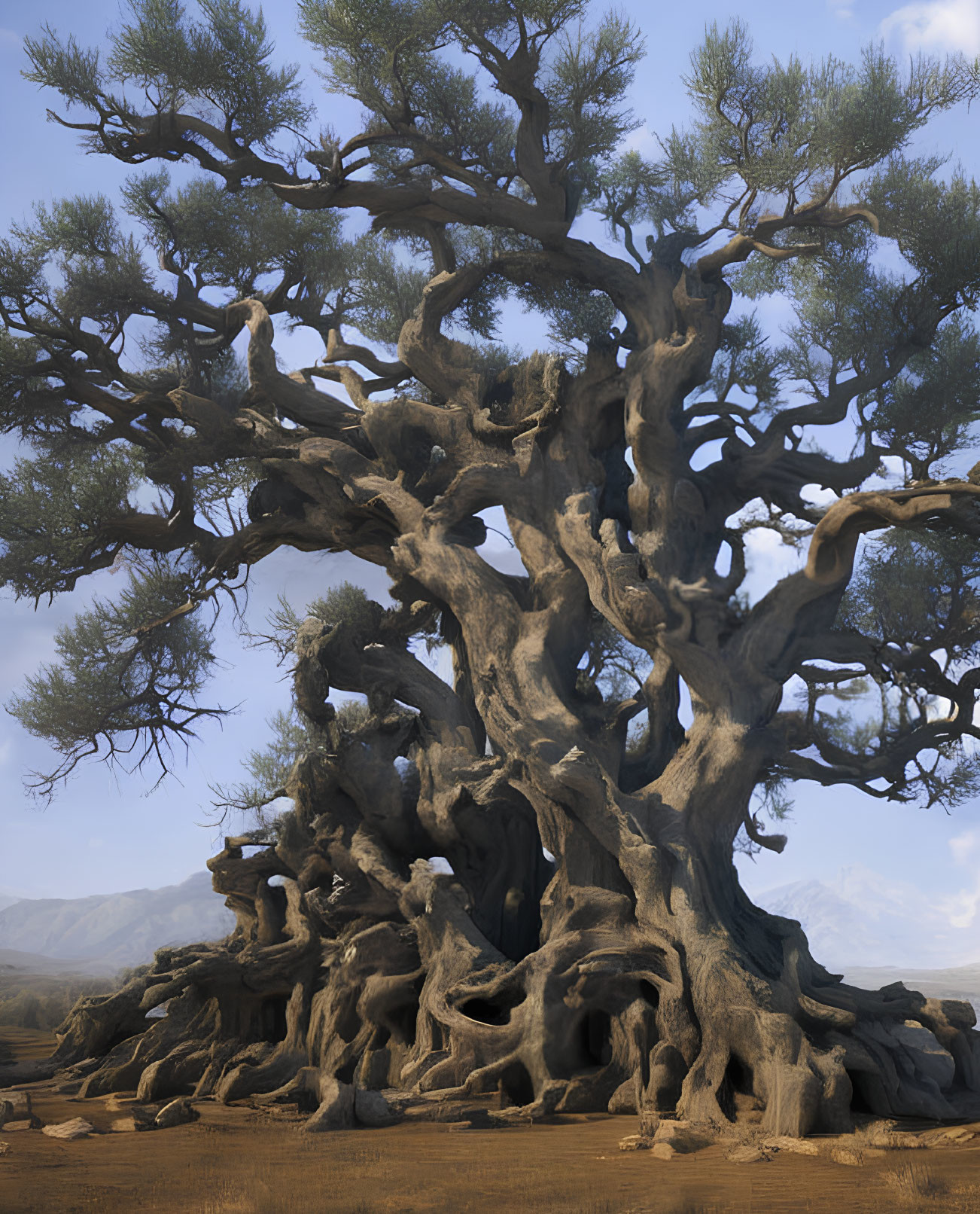 Majestic ancient tree with thick, gnarled trunk & sprawling branches