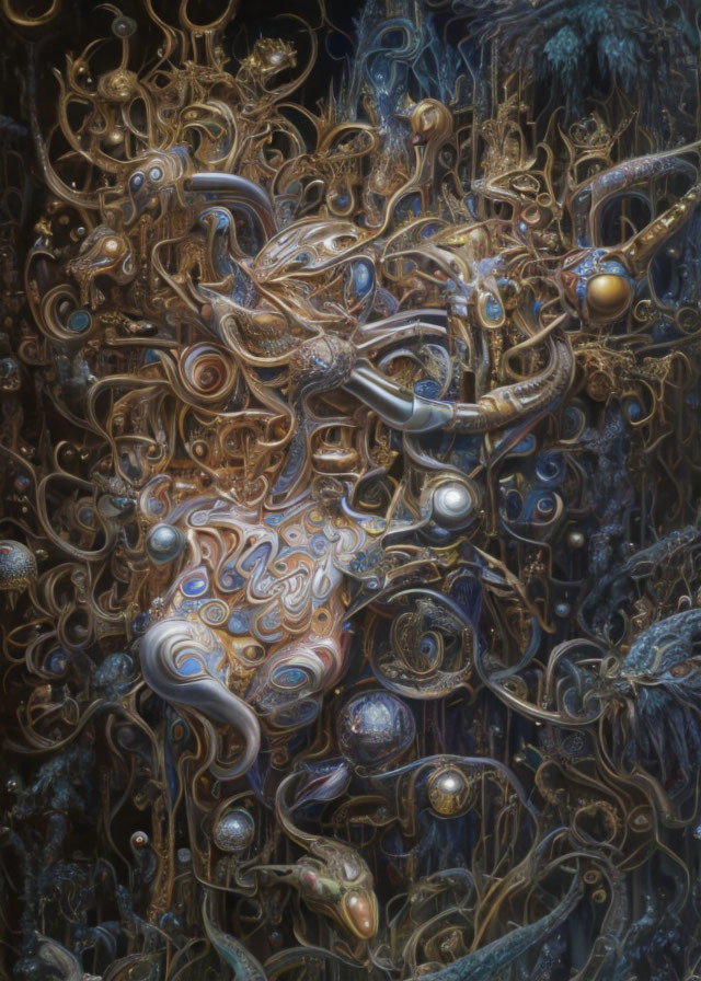 Elaborate surreal artwork: intricate swirling patterns in gold and pearl tones