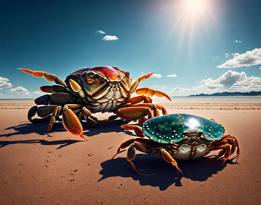 Colorful and reflective crabs on sandy beach under clear blue sky