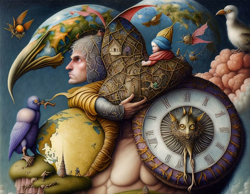 Man holding hourglass, earth globes as shoulders, owl in clock, child in nautilus -