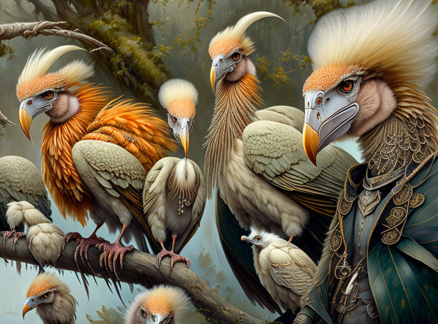 Humanoid Bird Fantasy Art: Ornate Feathers & Clothing on Tree Branch