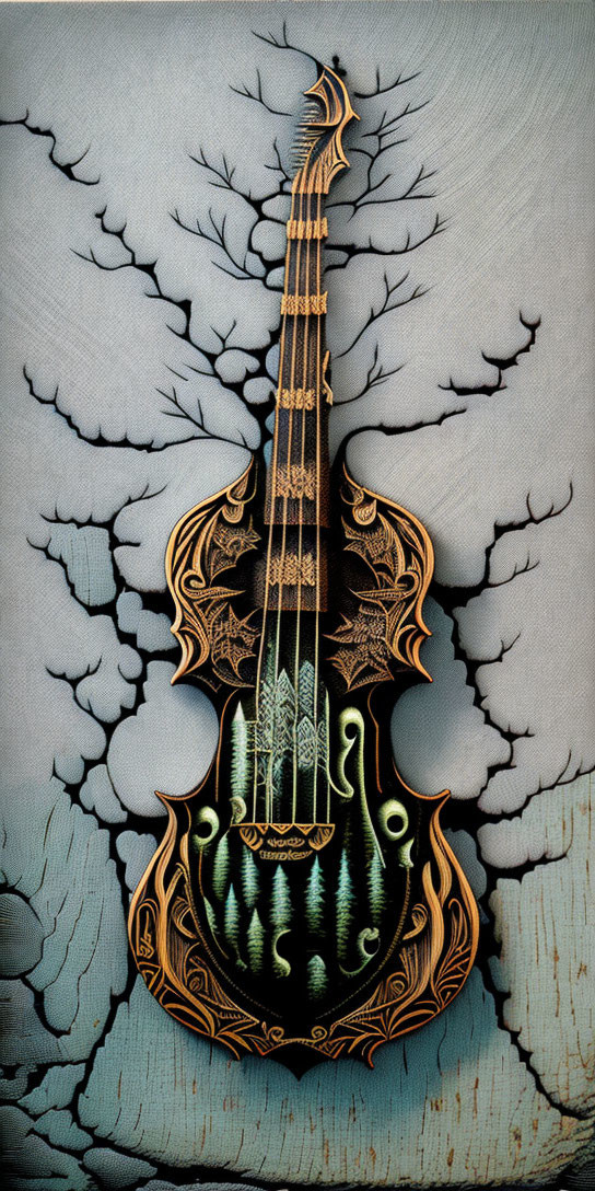 Dark and golden patterned violin on cracked blue-grey background