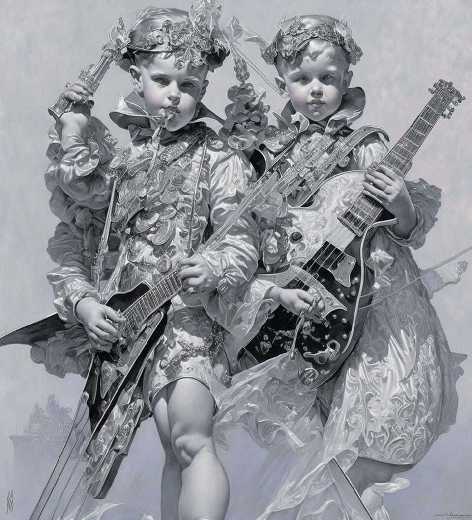 Monochrome artwork: Cherubic children with floral headpieces, violin, and guitar