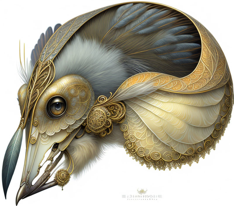 Fantastical bird-like creature with golden filigree patterns