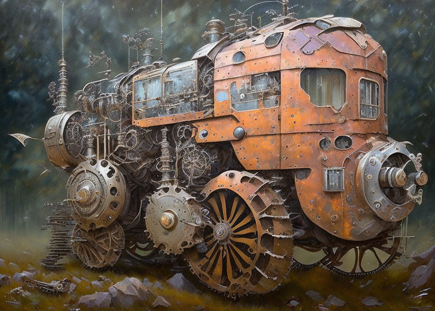 Rusted Steampunk Locomotive with Gears in Moody Vegetated Setting