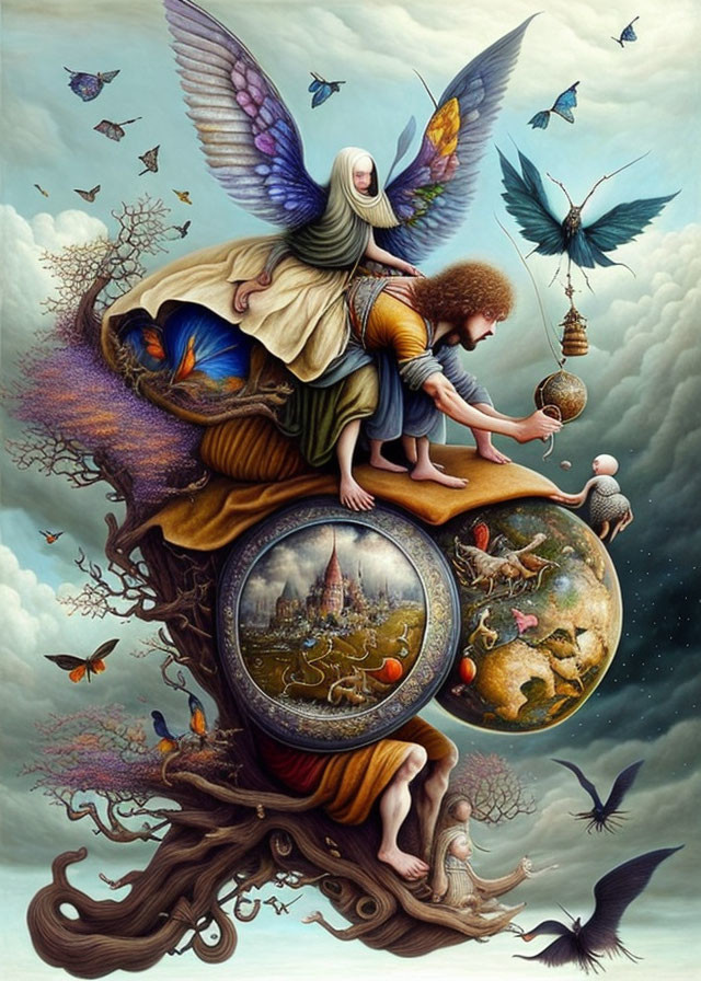 Fantastical painting of winged figures on globe with cityscape, floating books, and butterflies.