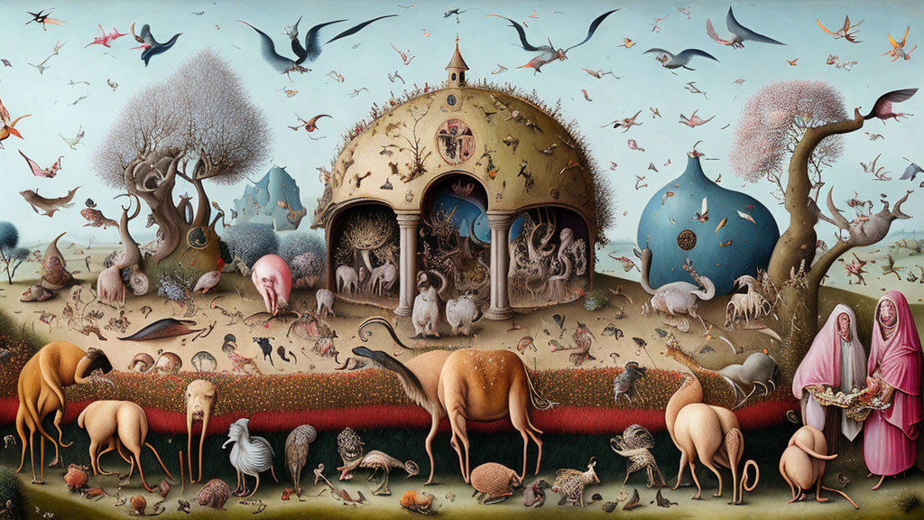 Fantastical surreal painting with animals and whimsical structures