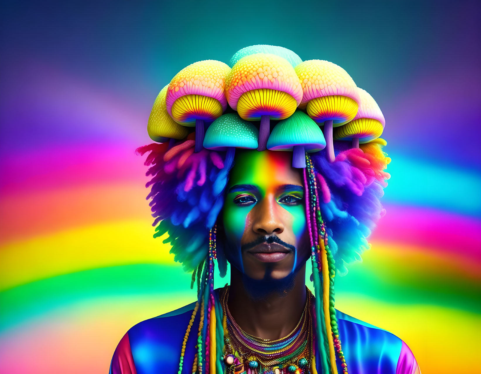 Vibrant digital art: person with rainbow hair and mushroom hat on gradient background