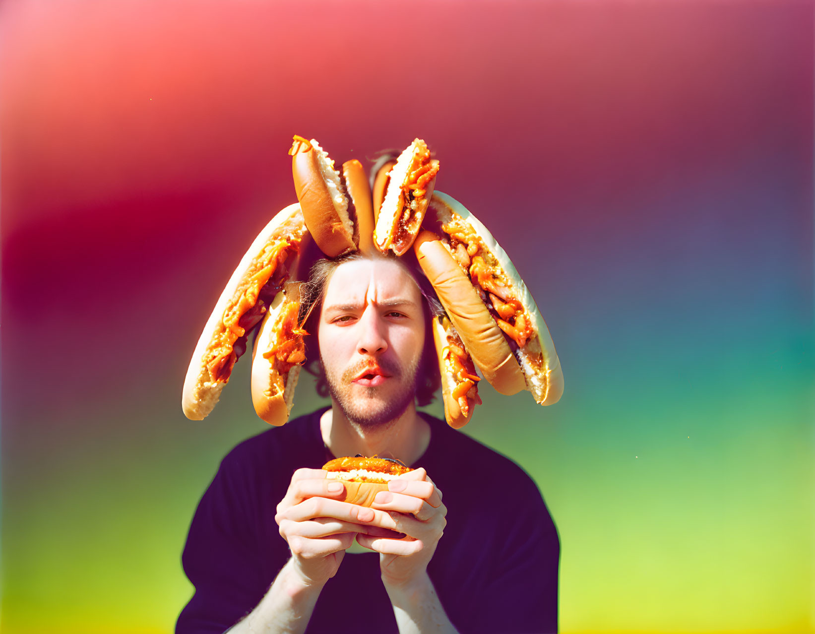 Bearded man with hot dog headband holding hot dog on vibrant background