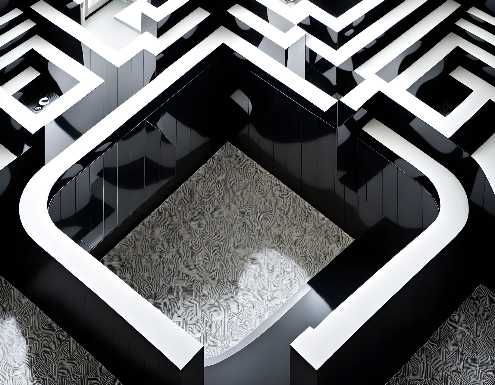 Abstract Black and White Maze-Like Geometric Pattern with Glossy Surfaces