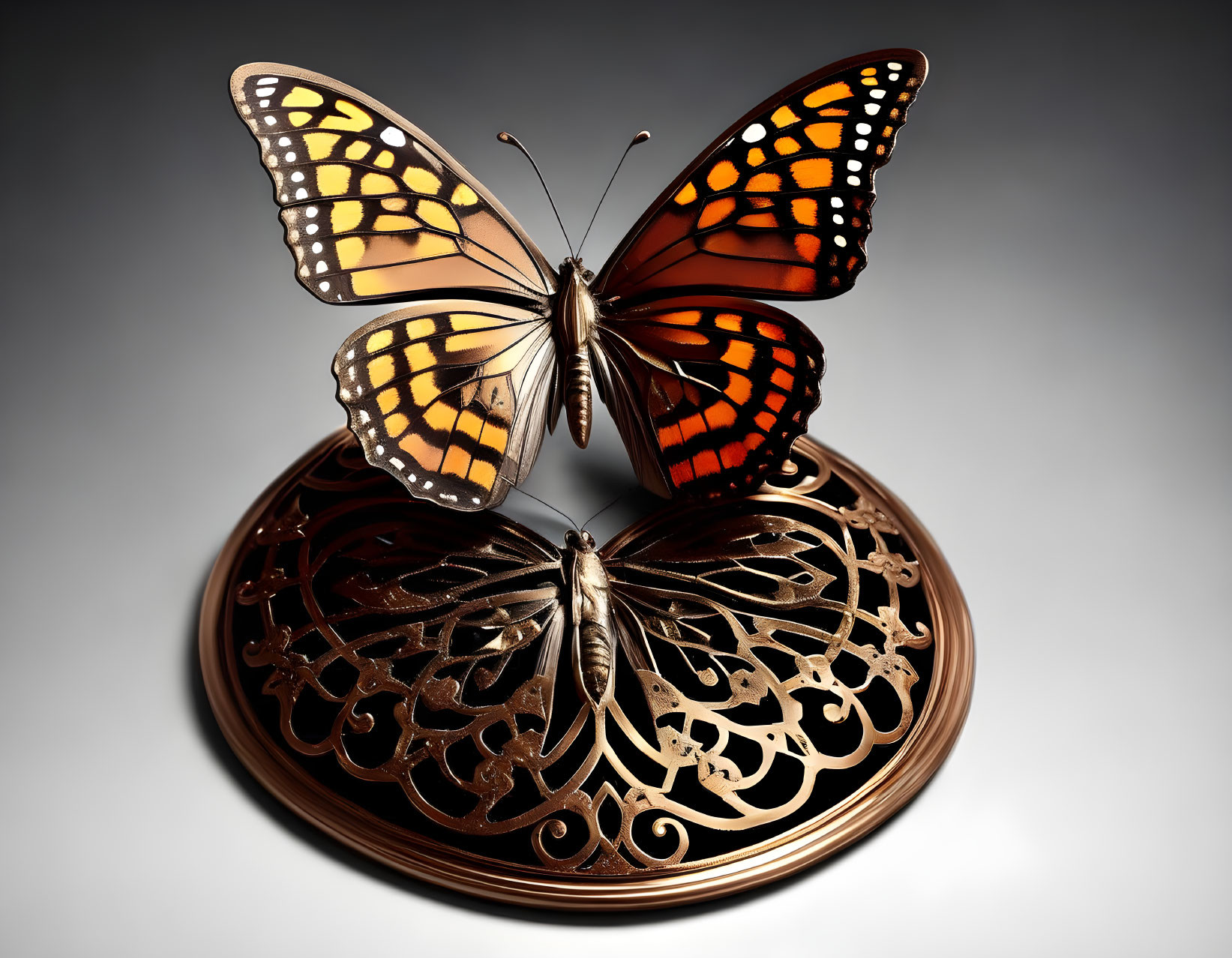 Colorful Monarch Butterfly on Bronze Filigree Ornament with Gradient Background