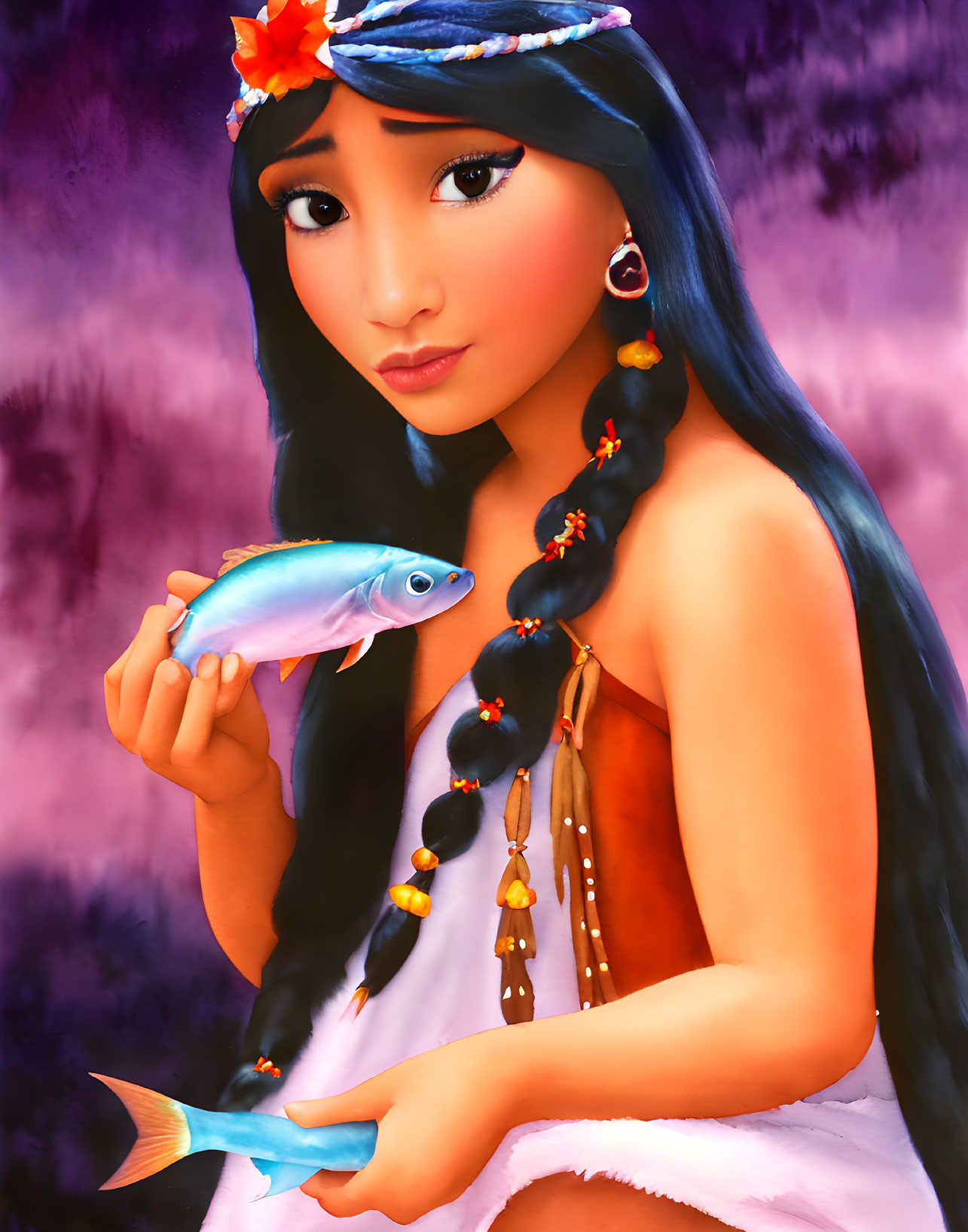 Illustration of young woman with long dark hair holding blue fish on purple background