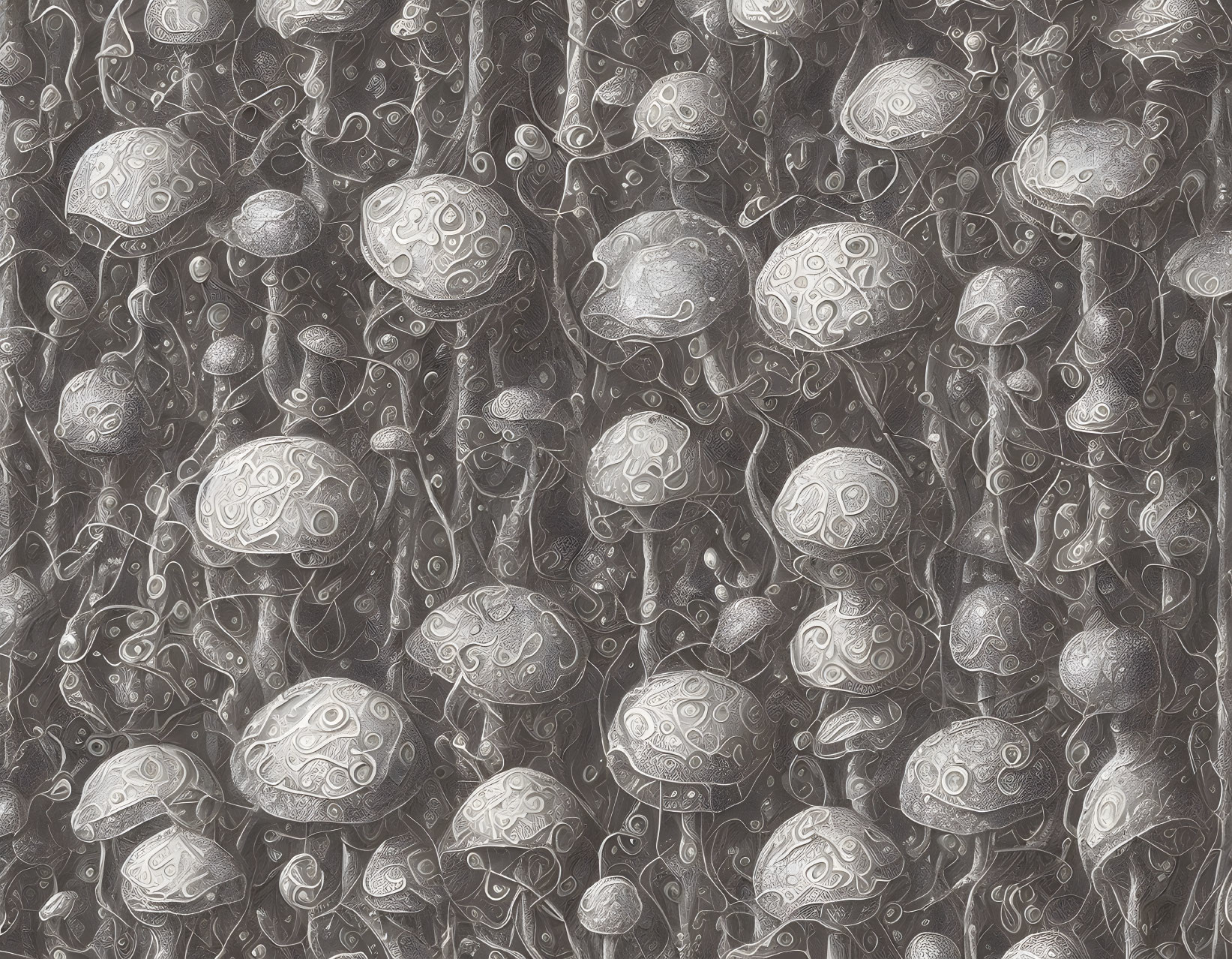 Detailed grayscale illustration of whimsical mushroom pattern with swirling lines and dots