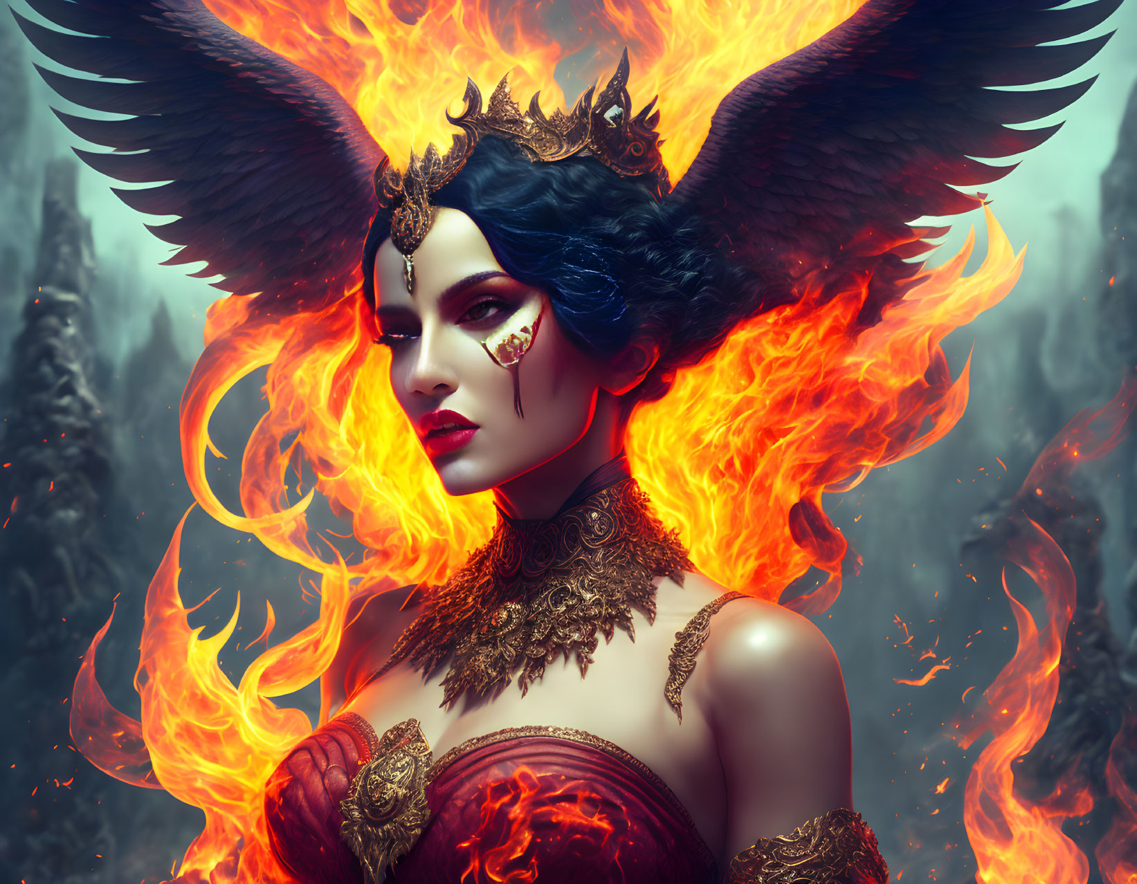 Dark-haired figure in crown and wings amidst flames in misty forest
