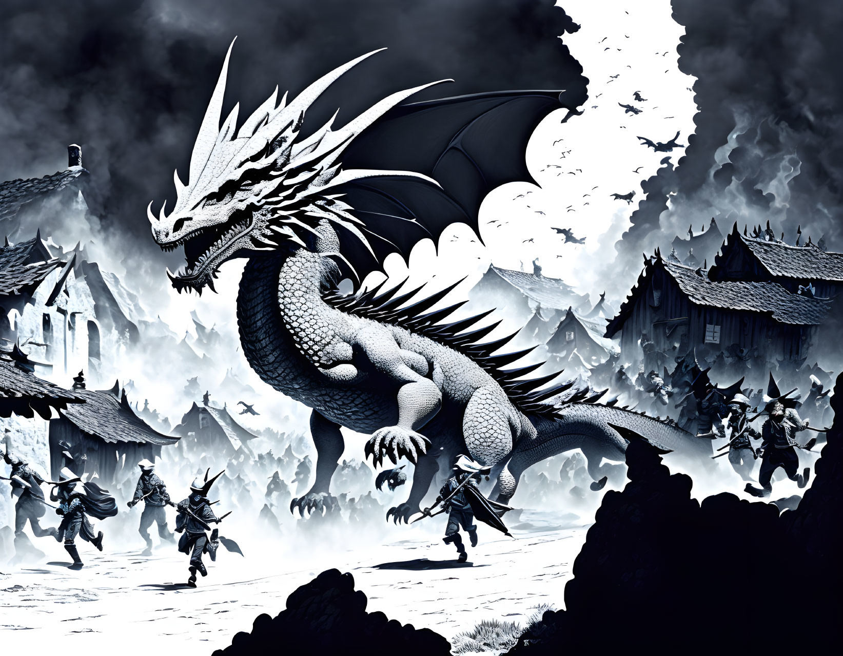 Monochrome illustration of dragon in medieval village with soldiers amidst destruction