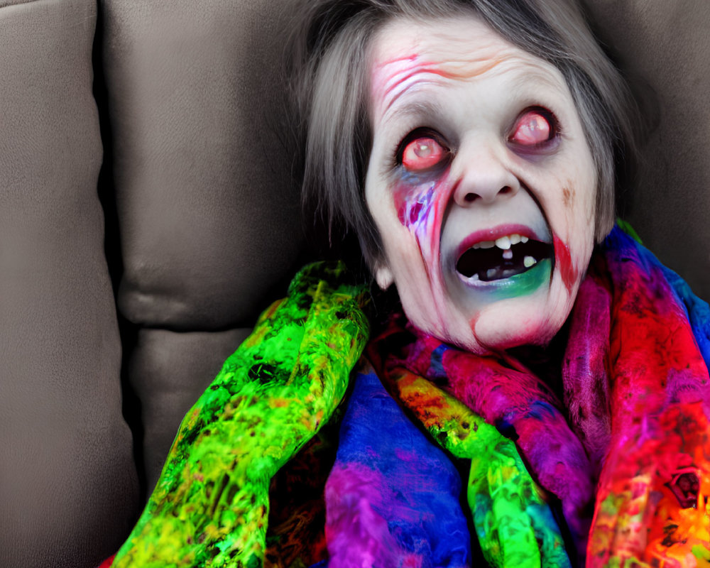 Person with zombie makeup and red eyes sitting against a sofa in colorful scarf