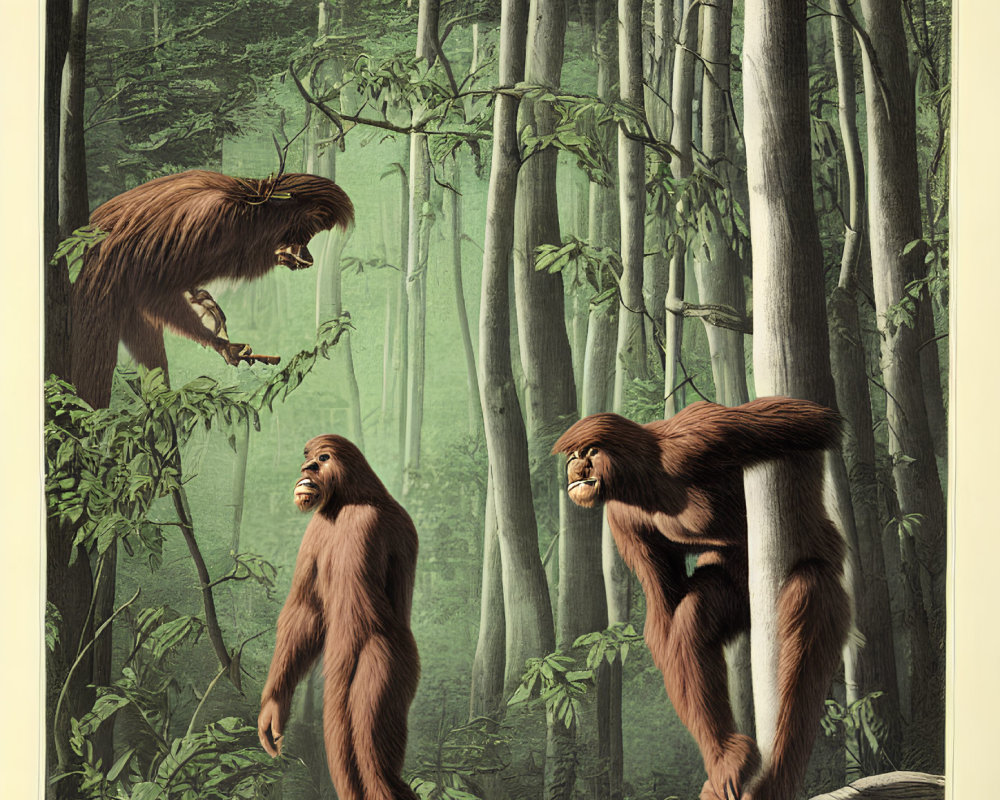 Three Large Ape-like Creatures in Forest Scene