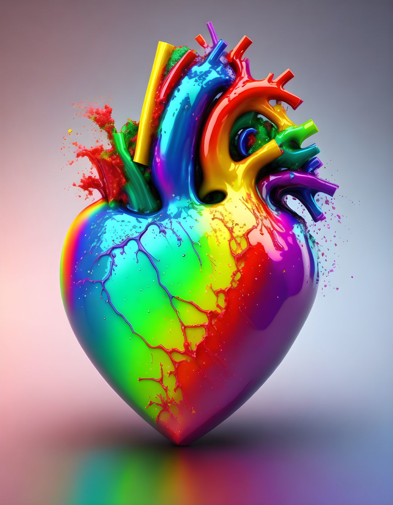 Colorful Heart Artwork with Paint Splashes on Gradient Background