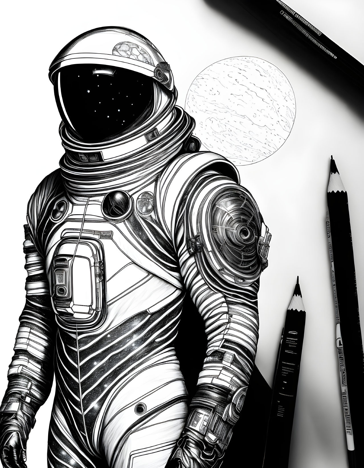 Detailed black and white astronaut sketch with pencil set in artist's workspace