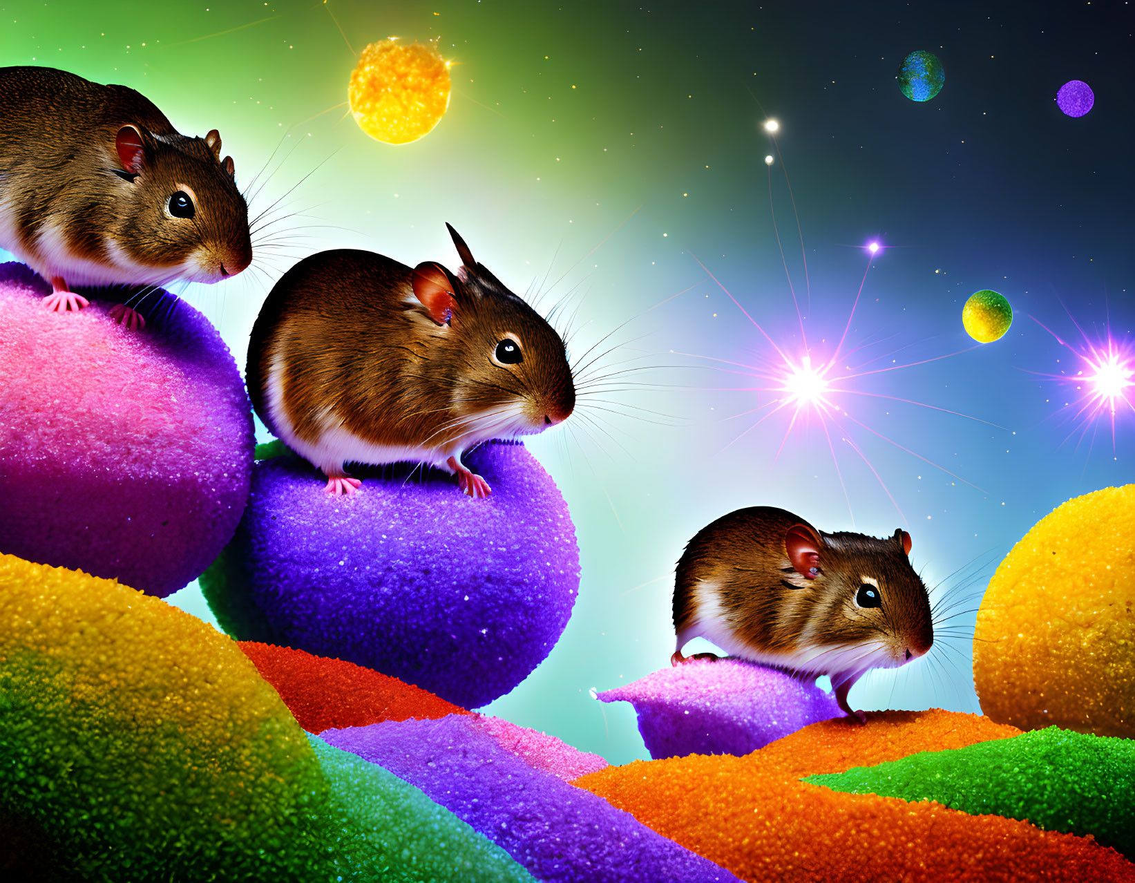 Colorful Textured Spheres with Three Mice in Starry Space Backdrop